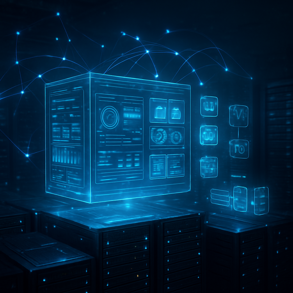 UpServX server management hero showing network visualization